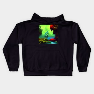 Landscape Painting with Tropical Colorful Plants and boat in the sea, Scenery Nature Kids Hoodie